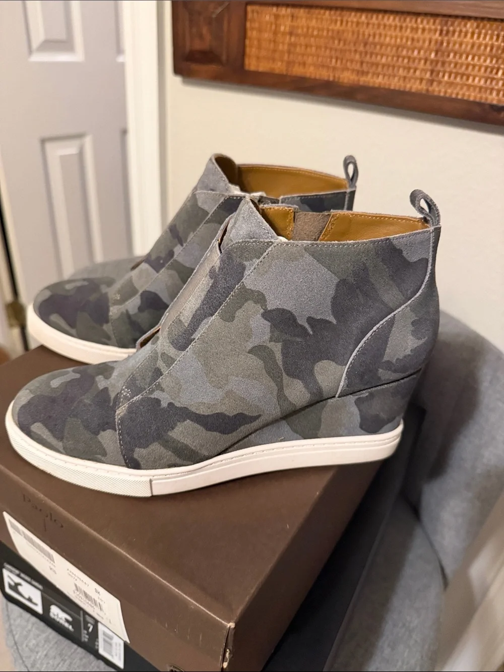L. Paolo Camo Wedge Sneaker Booties in Green and Gray